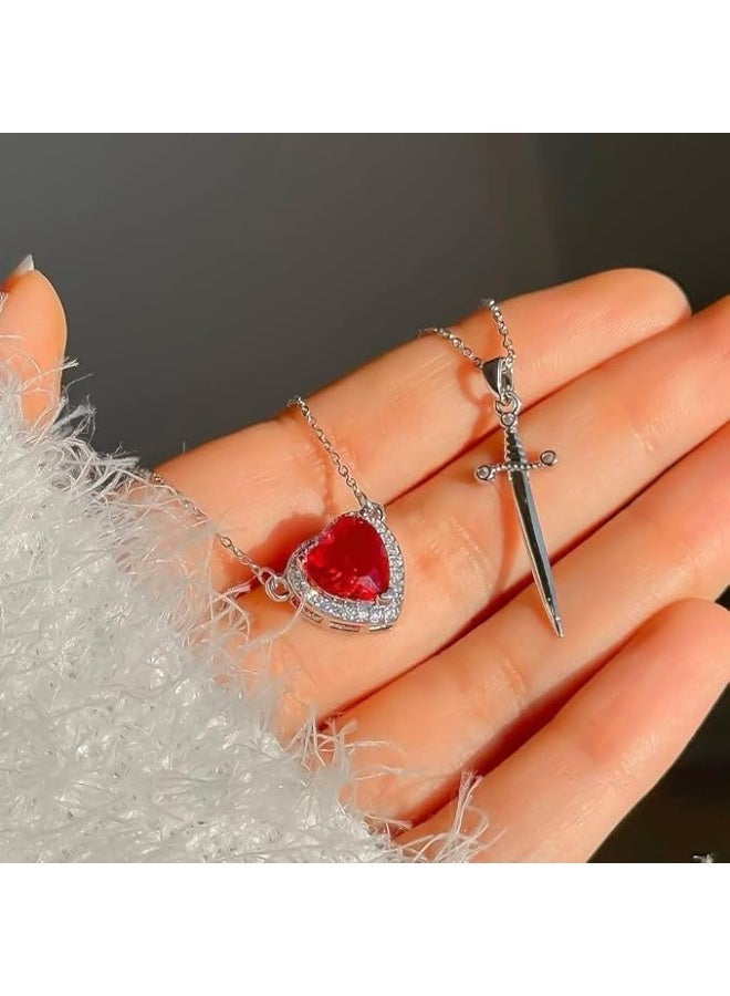 Valentine’s Day Heart & Sword Couple Necklace – Stainless Steel Chain – Red Crystal Heart Pendant – Anti‑Fade - Image 3